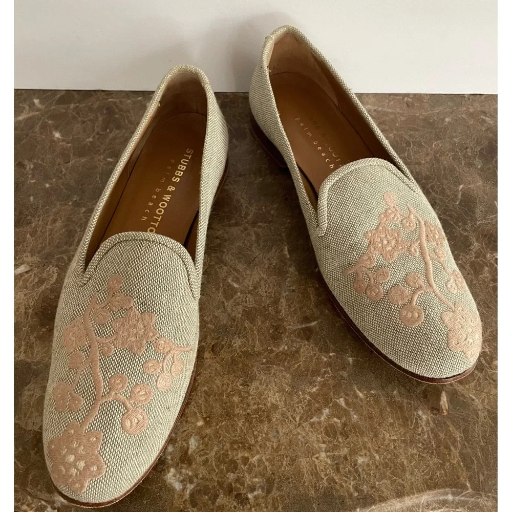 Stubbs & Wootton Palm Beach Womens Linen Floral Embroidered Loafers Coastal 9